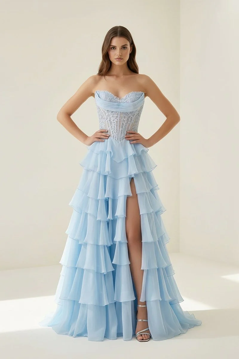 Sky Blue - Strapless A Line Chiffon Ruffled Prom Dresses With Appliques