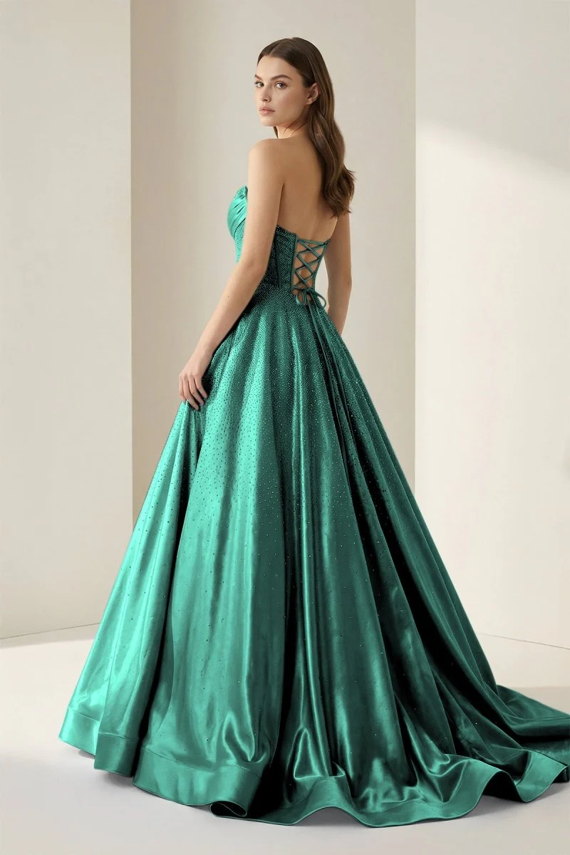 Green - Strapless A Line Satin Beaded Long Prom Dresses With Pockets