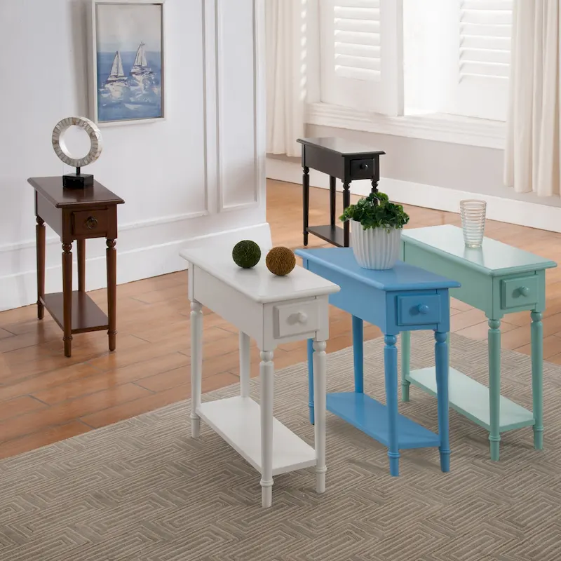 White Wood Narrow Side Table with Drawer and Shelf