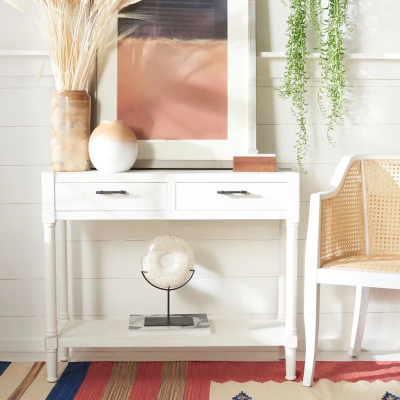 Brown / Black / Distressed White / Grey 2-Drawer Console Table, Traditional Style