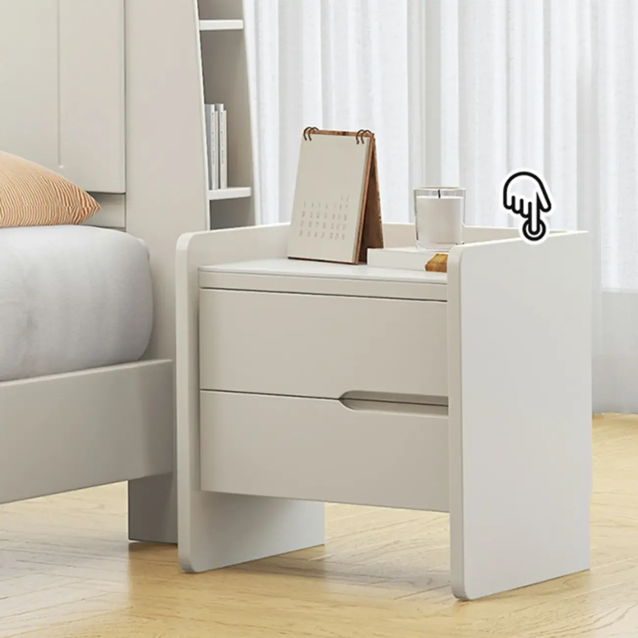 White Rubberwood 2 Drawers Narrow Nightstand with Legs