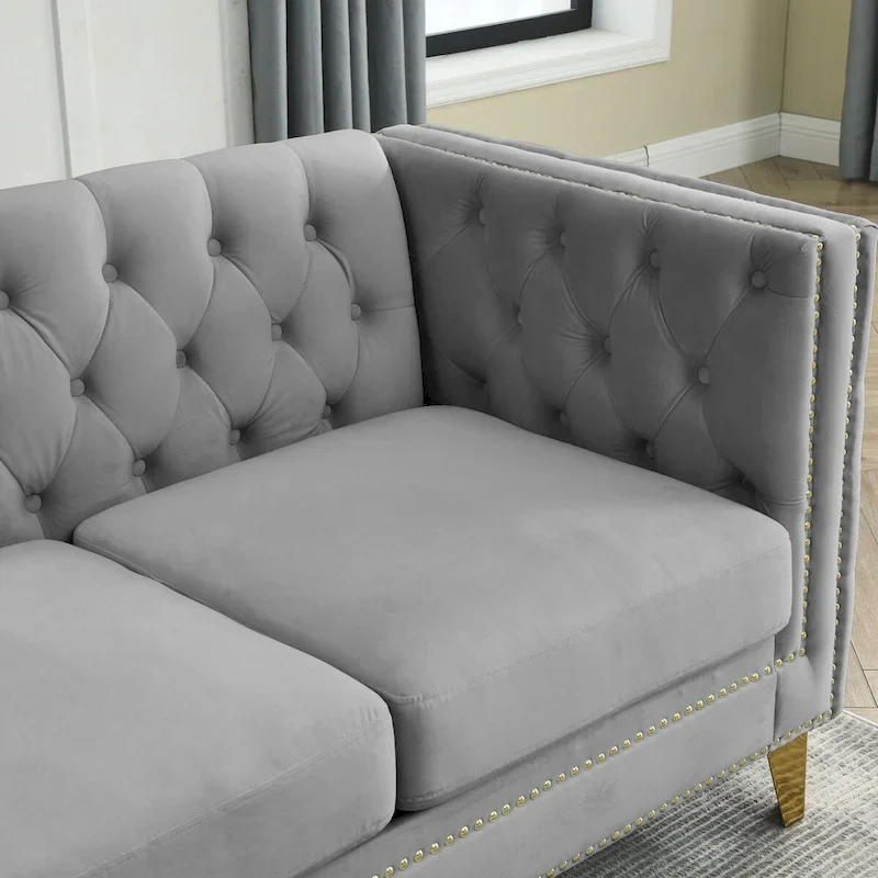 Velvet Upholstered 3 Seat Sofa,  Tufted Square Arm Sofa with Nailheads and Metal Legs