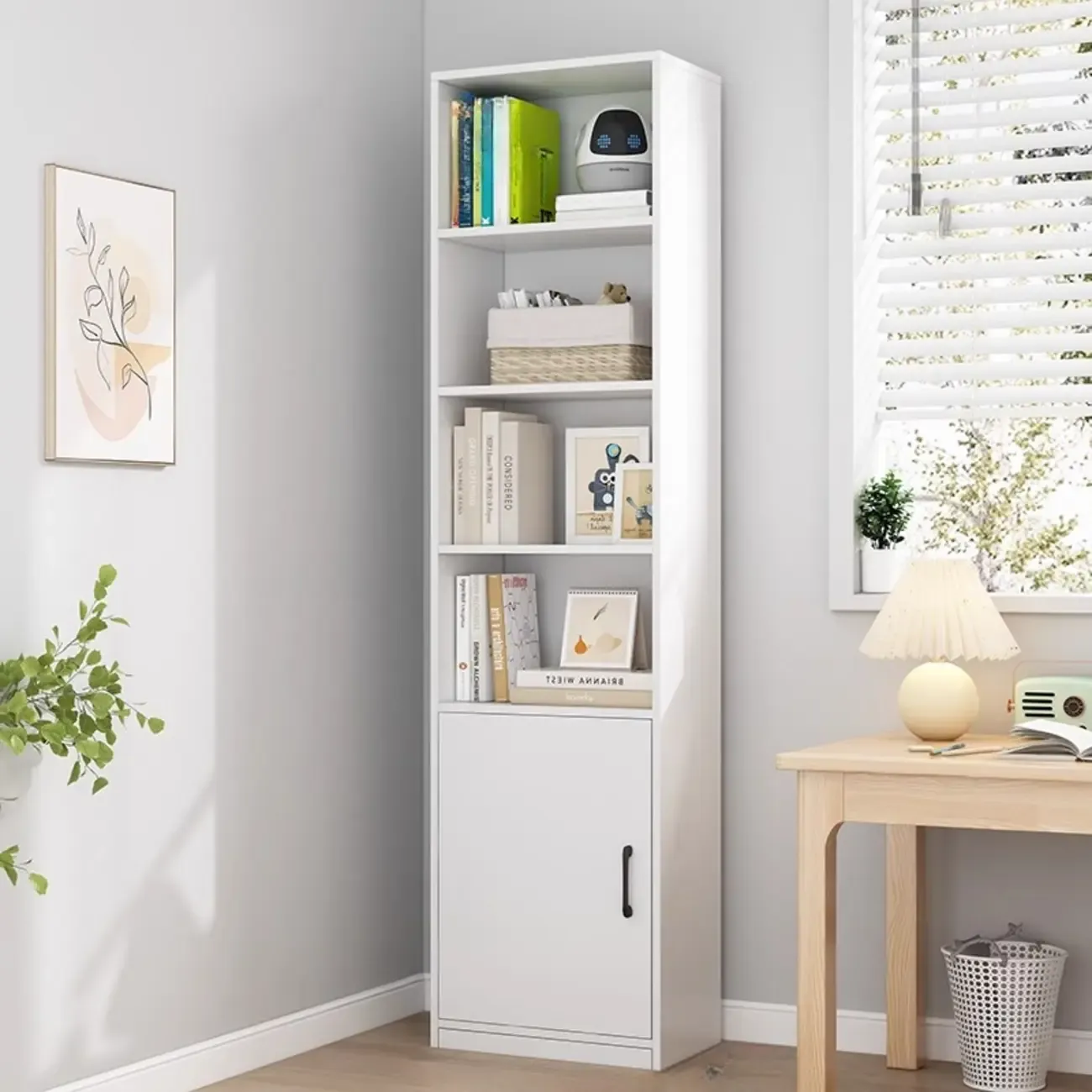 Narrow Modern Nut-Brown Wooden 3-Shelf Bookcase with Cabinet