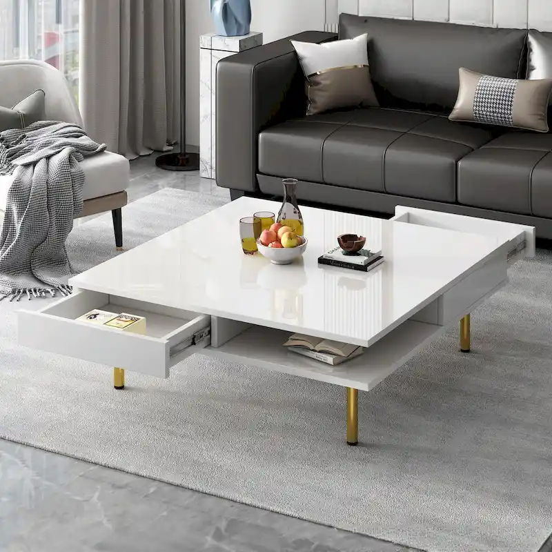 High Gloss Coffee Table: 4 Golden Legs, 2 Drawers, 2-Tier Square Design