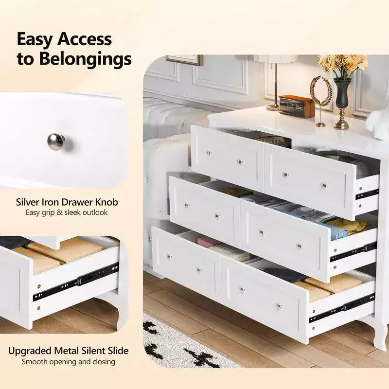 Karl Home White P2 Density Board Painted 47.2in 6 Drawer French Curved Legs