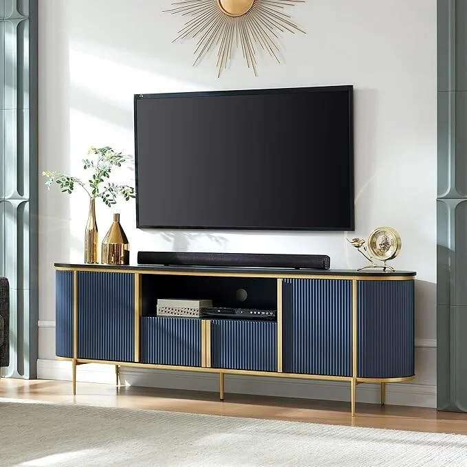 Fluted Panel TV Stand with Faux Marble Top & 4 Cabinet Doors – Navy Blue / Natural Oak / Solid White, Single