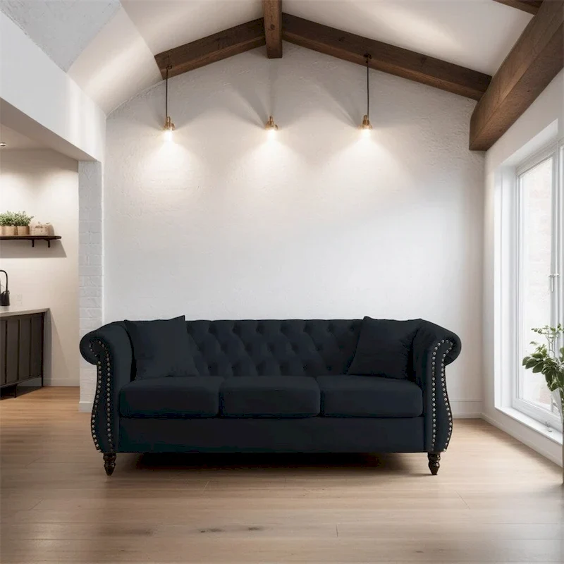 Velvet Sofa with Rolled Arms - Black, 3-Seater