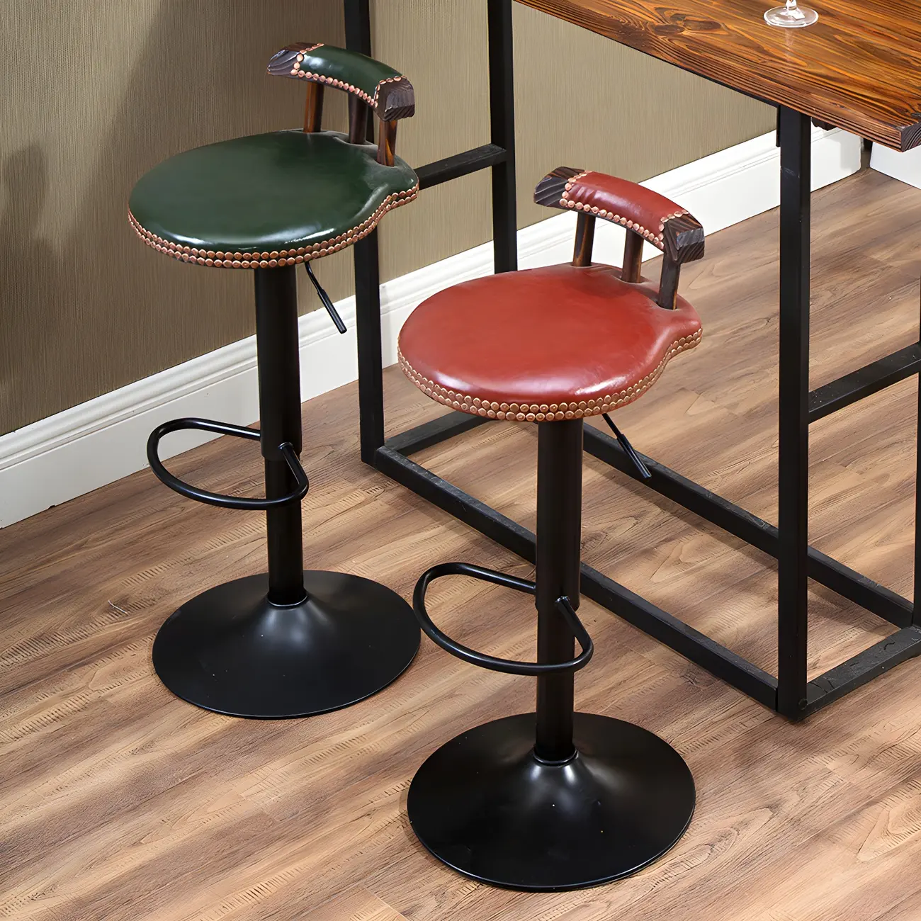 Industrial Round Leather Adjustable Bar Stools