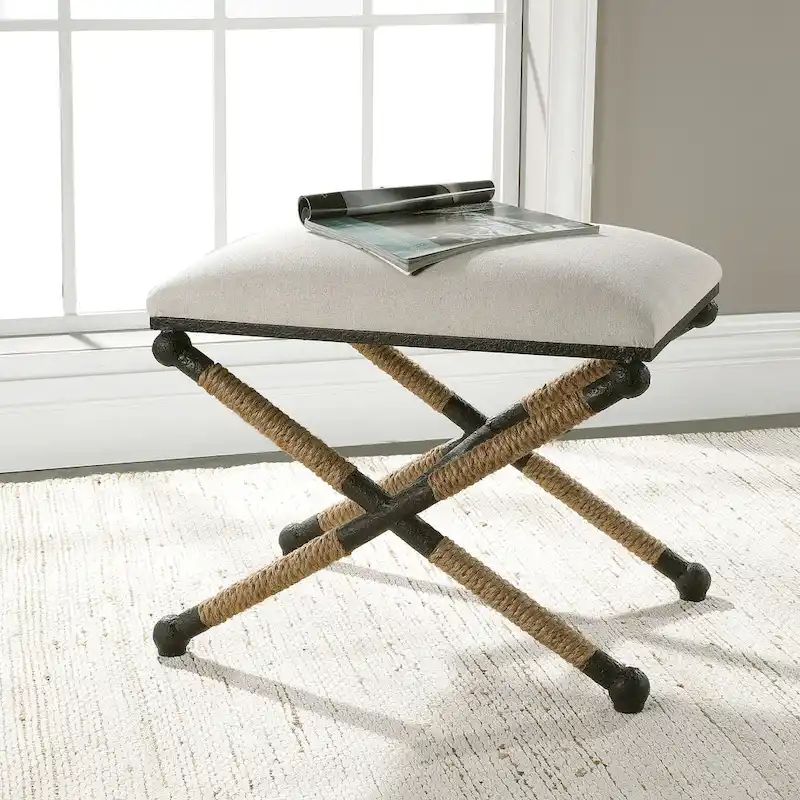 Black Iron Frame Oatmeal Fabric Top Single Bench