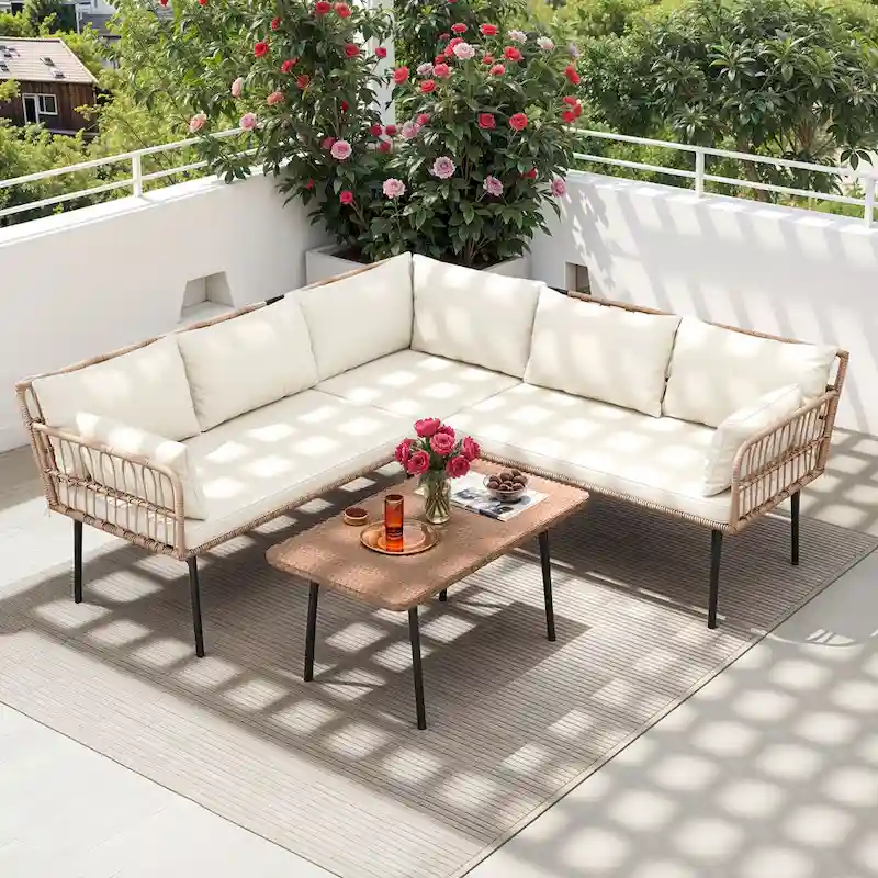 Moasis 4 Pieces Patio Conversation Set,5 Seater Wicker Sectional L-Shaped Sofa with Cushions and Side Table