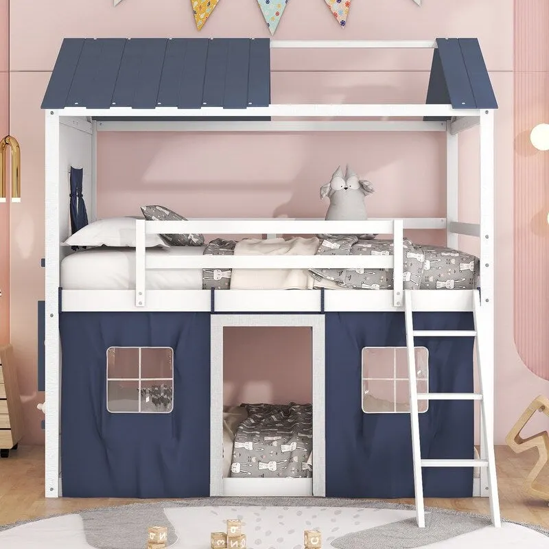 Blue/Pink & White Full-Size House Bunk Bed with Windows & Slide – 2-Person