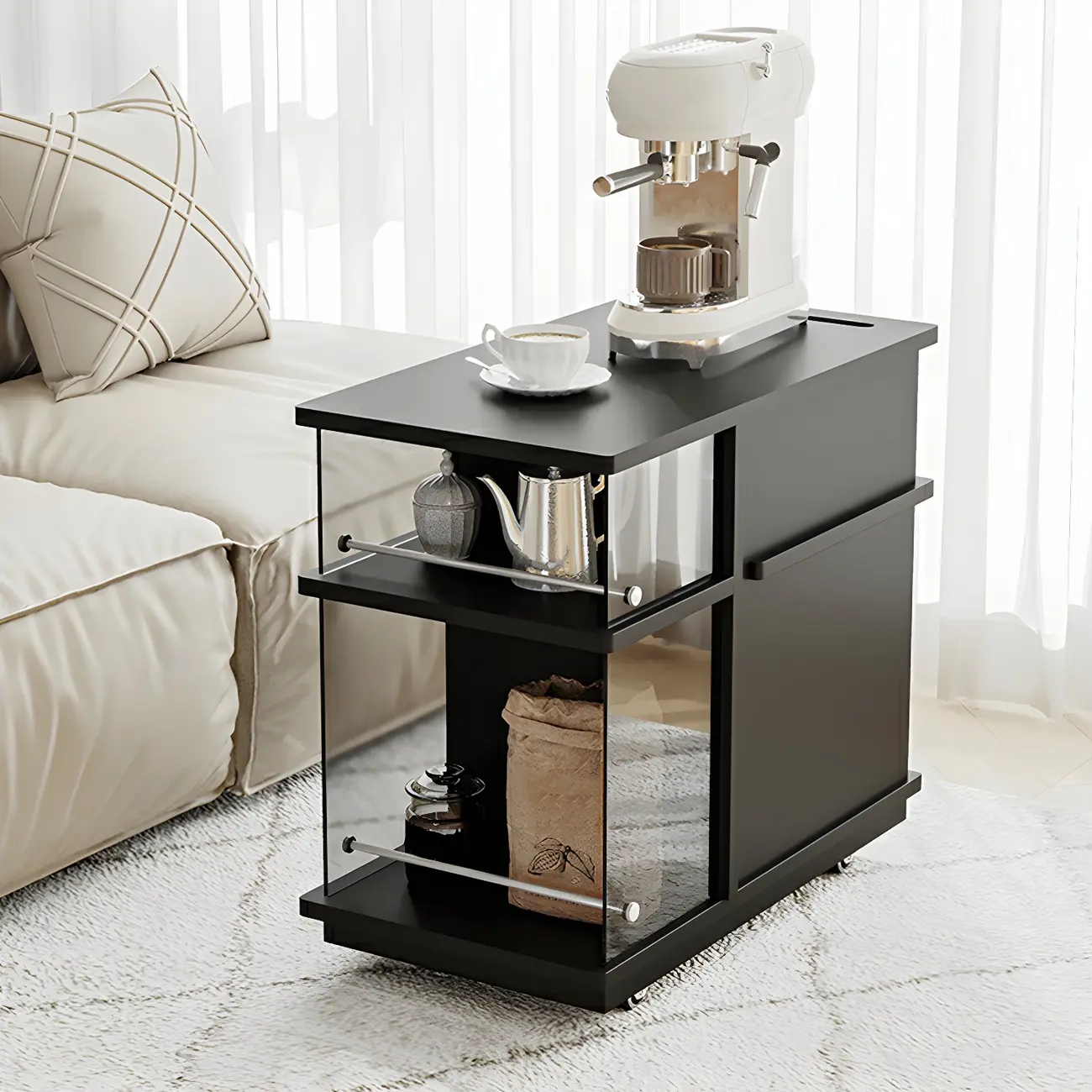 Functional Black Rectangular Wood Side Table with Storage