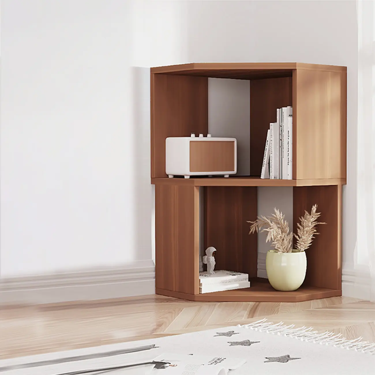 Modern 7-Shelf White Wood Corner Bookcase