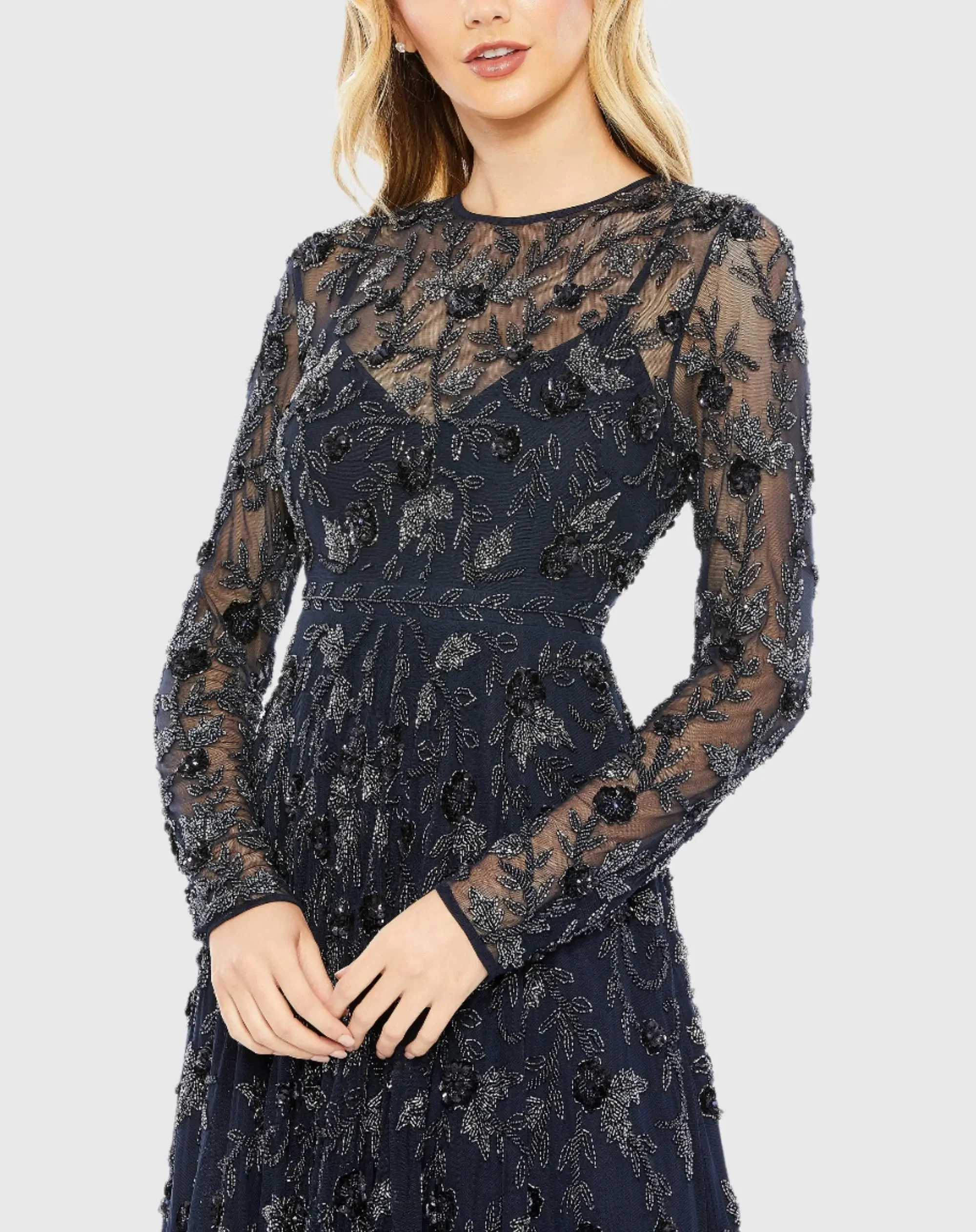 Navy Beaded Illusion High Neck Long Sleeve A Line Dress
