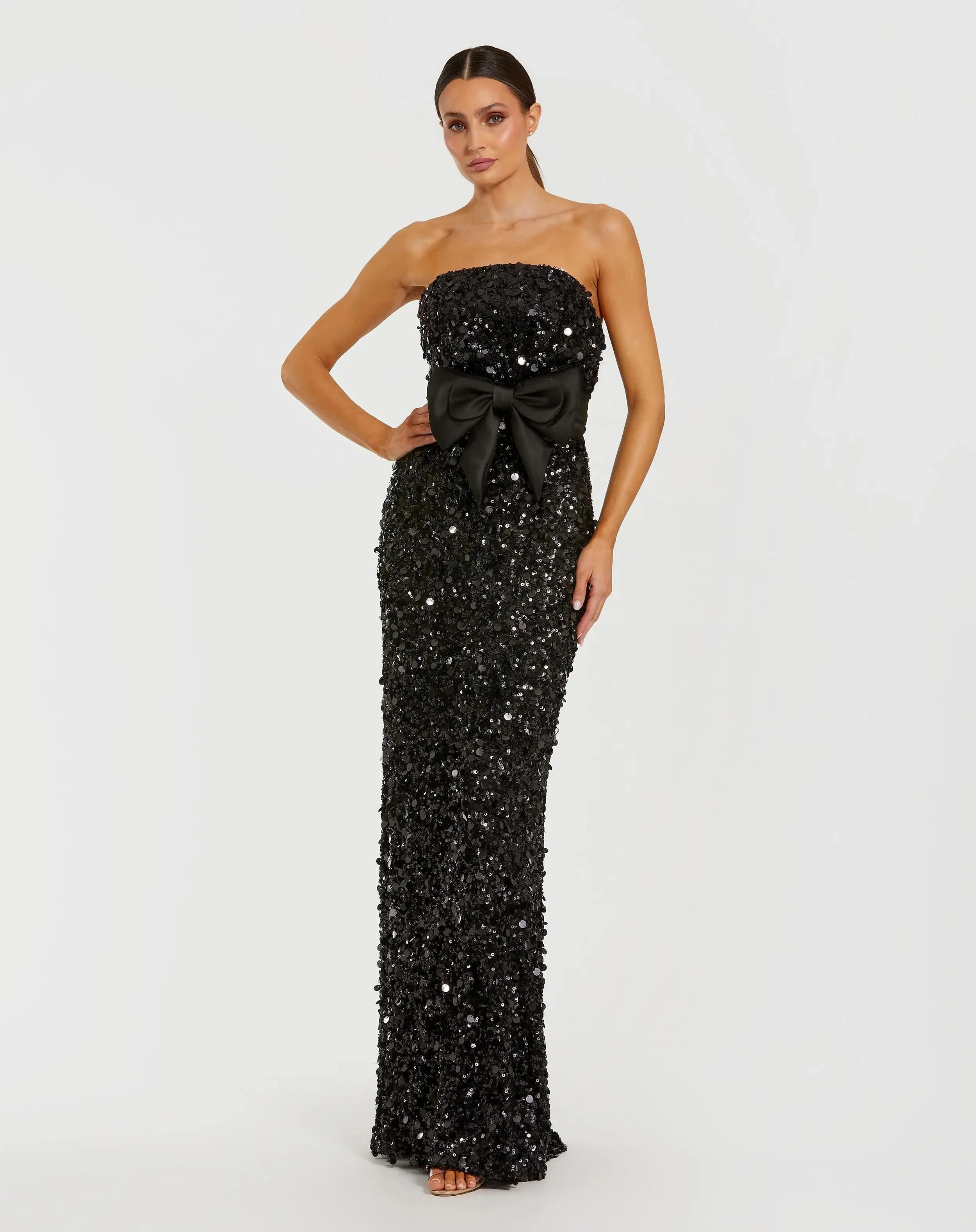 Black Strapless Sequin Evening Gown With Bow