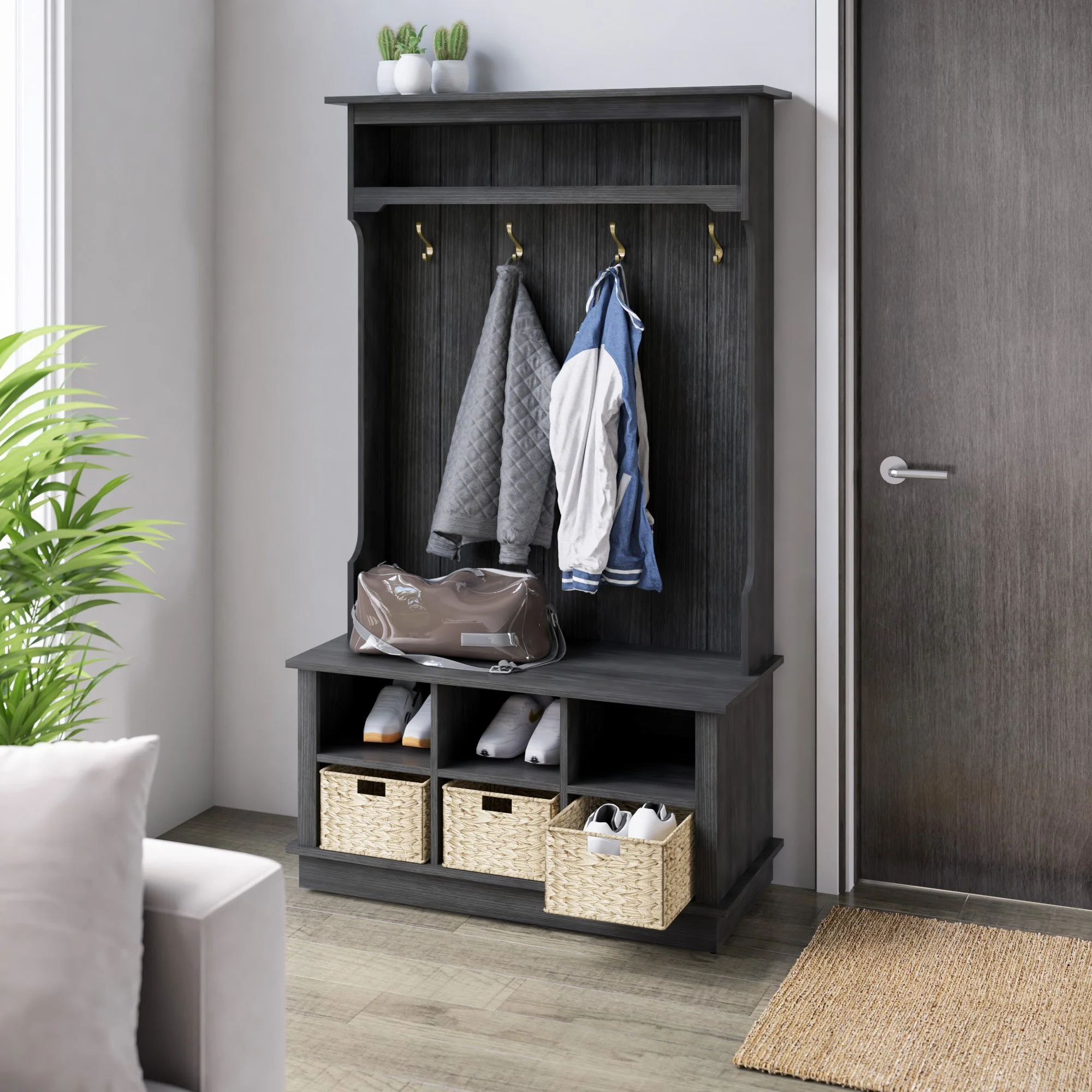 Entryway Hall Tree with Baskets and Open Storage