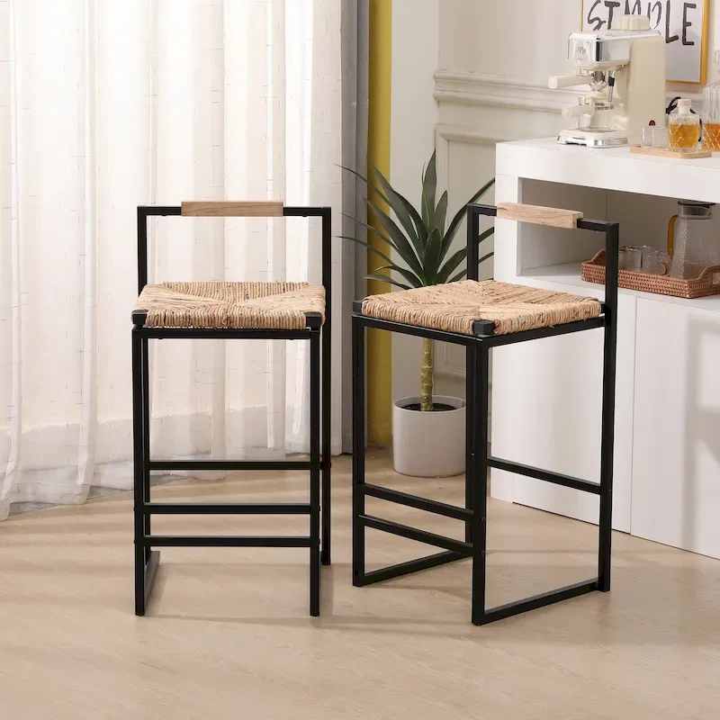 Hand Weave Bar Stools, Counter Height Bar Stools with Metal Support Legs, Kitchen Island Stools with Back and Footrest
