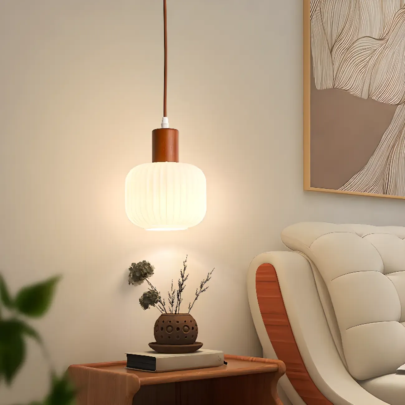 Modern White Glass Pendant Light with Solid Wood Accent