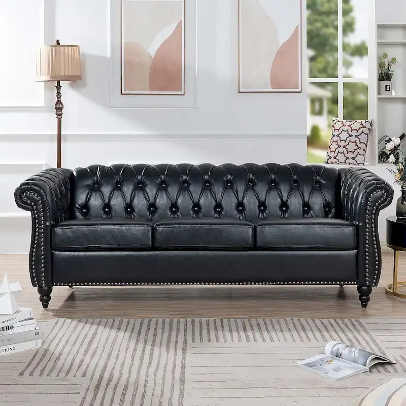 84.65 Chesterfield Tufted Faux Leather Sofa with Rolled Arms