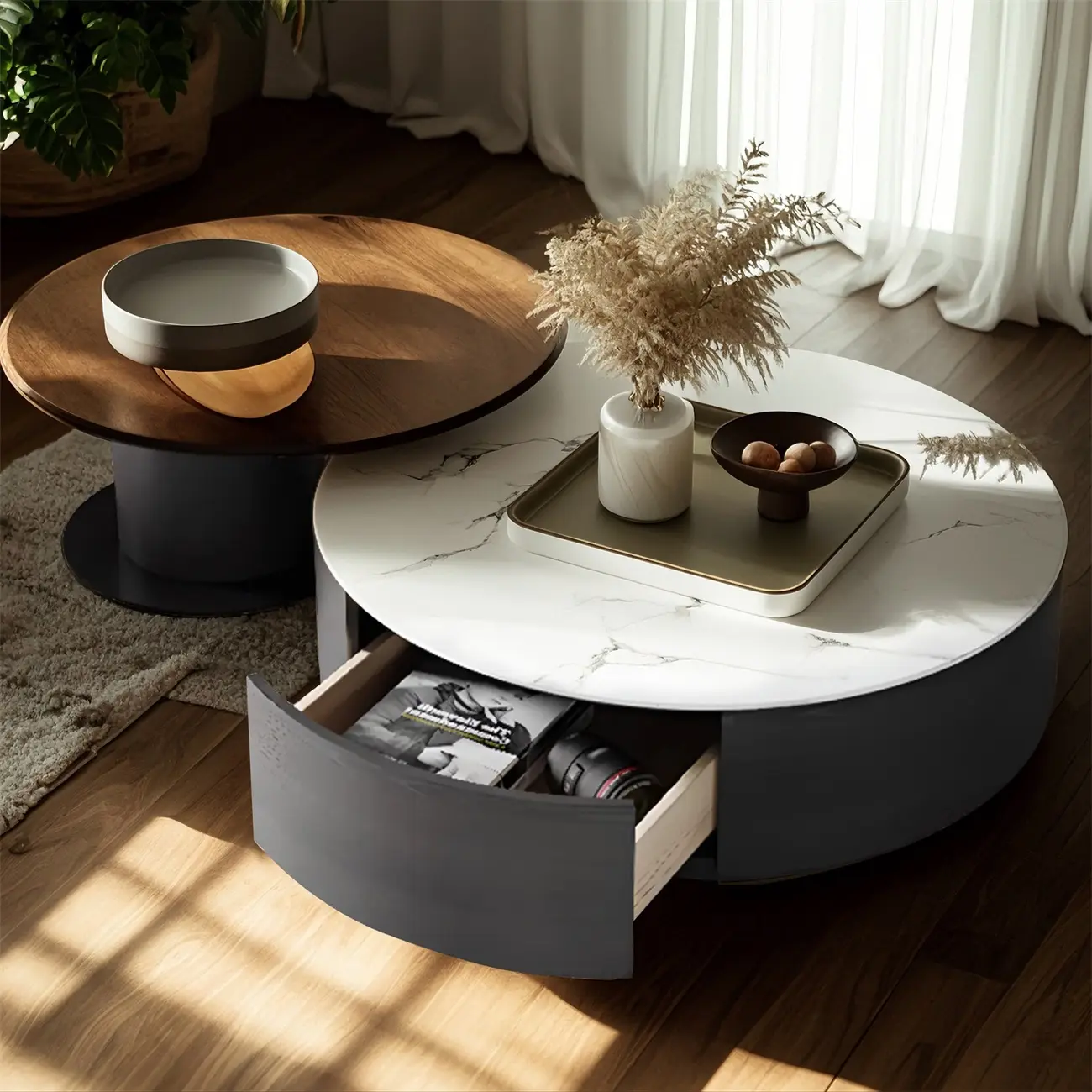 Modern Round White Nesting Coffee Table Set with Drawers