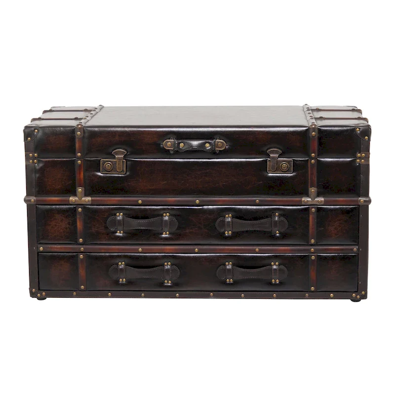 Dark Blue / Brown Faux Leather Trunk Coffee Table with 2 Drawers & Hinged Top