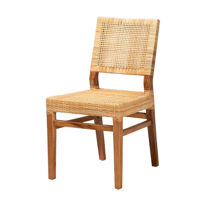 Natural Brown / Walnut Brown Bohemian Rattan & Mahogany Wood Dining Chair with Square Backrest & Angled Legs, 1-Person