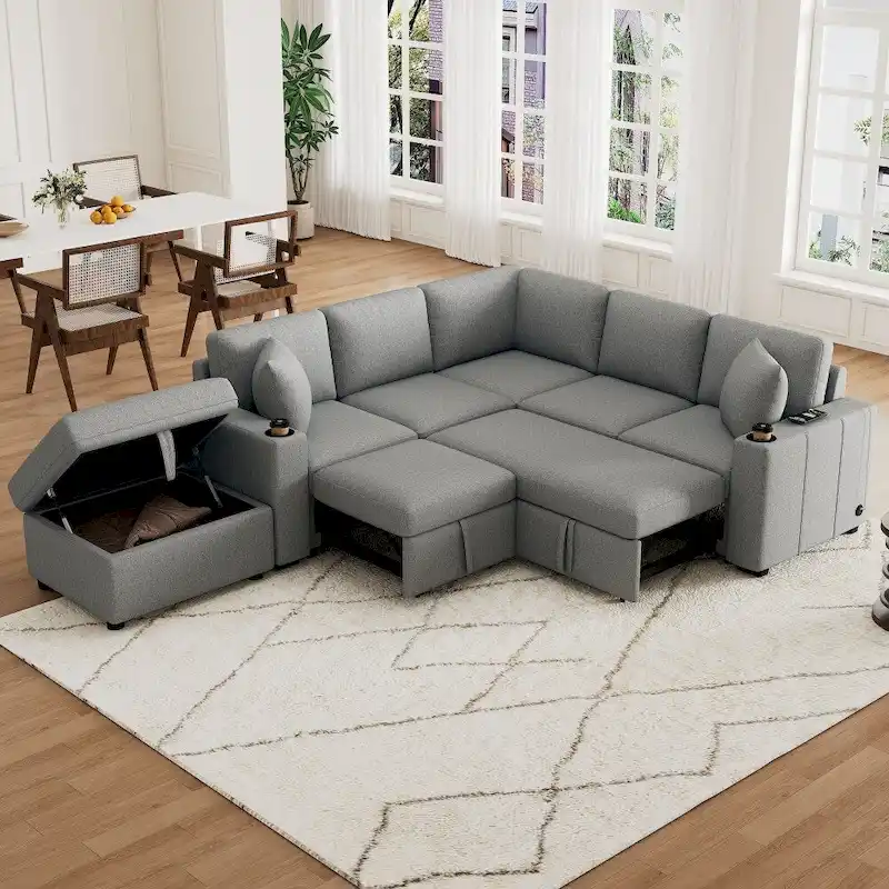 84.7  Modern L-shaped Sectional Sofa Set with a Movable Storage Ottoman and Pull-out Sofa