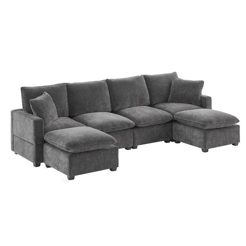 U Shape Modular Sofa, 6 Seat Chenille Deep Seat Sectional Couch