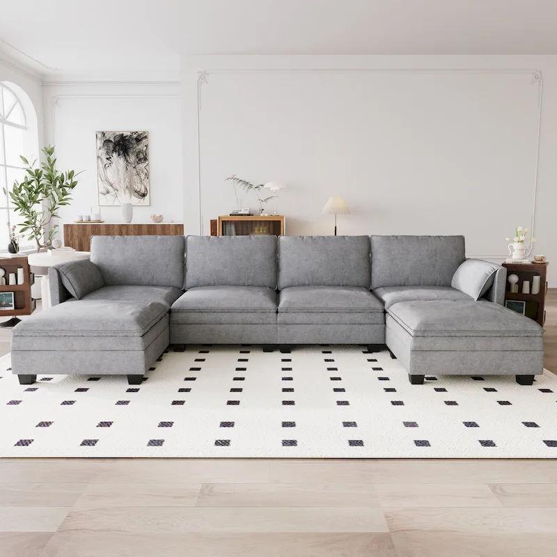 Christopher Knight Home - Noah 141.5  U-Shaped 6-Seater Sofa Couch with Movable Ottoman and Armrest Pockets, Fabric Upholstery