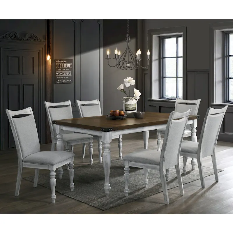Roundhill Furniture Salines 7 Piece Dining Table Set with 6 Upholstered Chairs, Rustic White and Oak