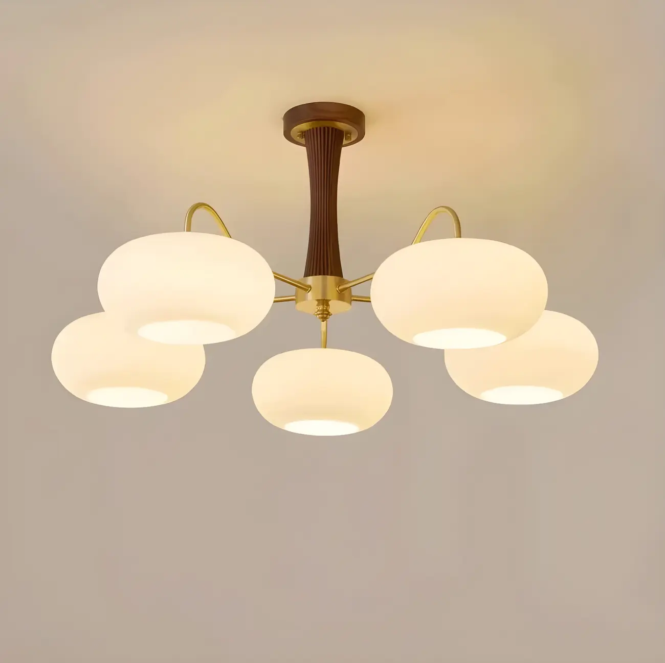 Classic Large Glass Drum Walnut Wood Semi Flush Ceiling Light