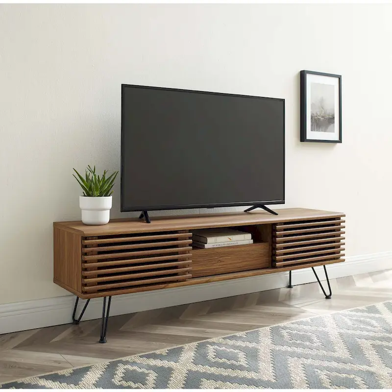 Walnut Mid-Century Modern TV Stand with Hairpin Legs, Center Drawer & Slatted Sliding Doors – Single