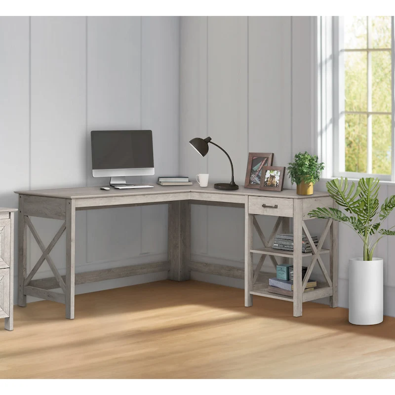 Saint Birch Honduras Washed Gray L-Shape Desk with 1 Drawer and 1 Open Shelf