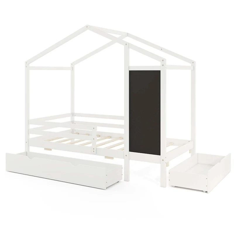 White/Grey Twin House Bed with Blackboard & 2 Storage Drawers – For 1 Child