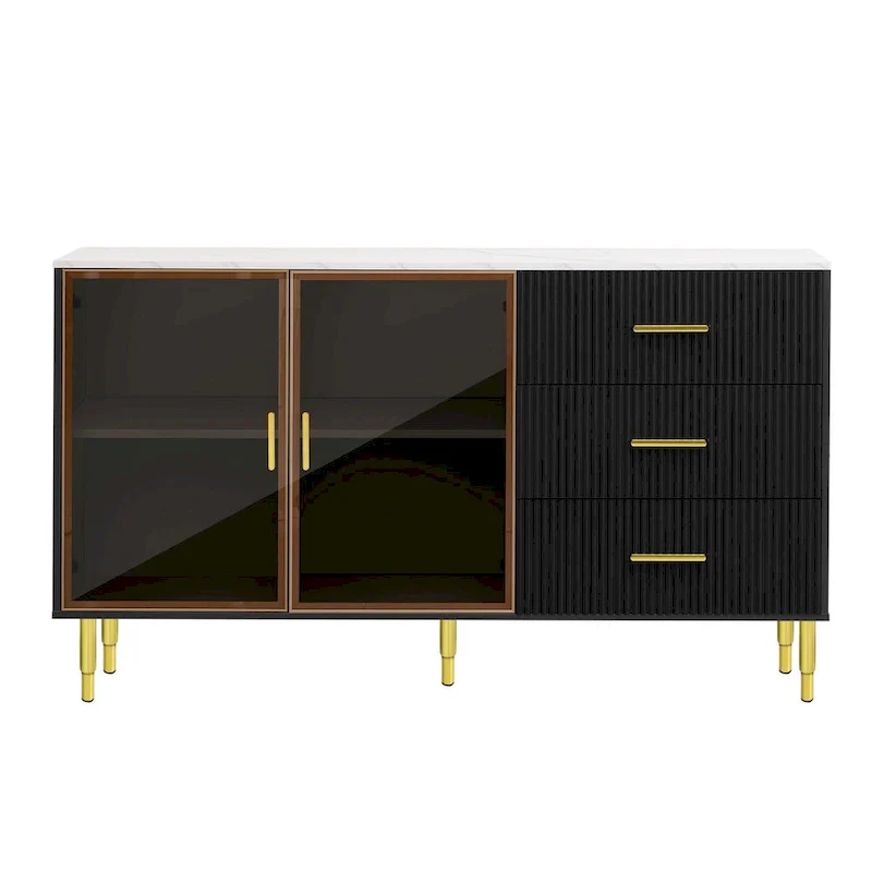 White/Navy Blue/Black MDF Sideboard with Tempered Glass Doors, 3 Drawers & Metal Legs