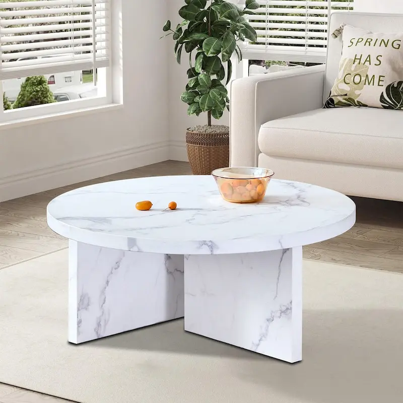 Modern Stylish Wooden Round Coffee Table with Imitation Marble Veneer Surface