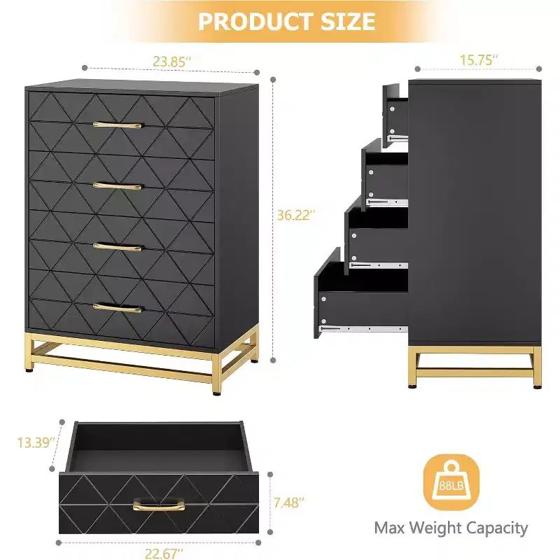 4 Drawer Dressers, Wood Dresser w/Golden Handles, Storage Chest Cabinet Organizer Unit, Chest of Drawers for Living Room, Closet, Hallway