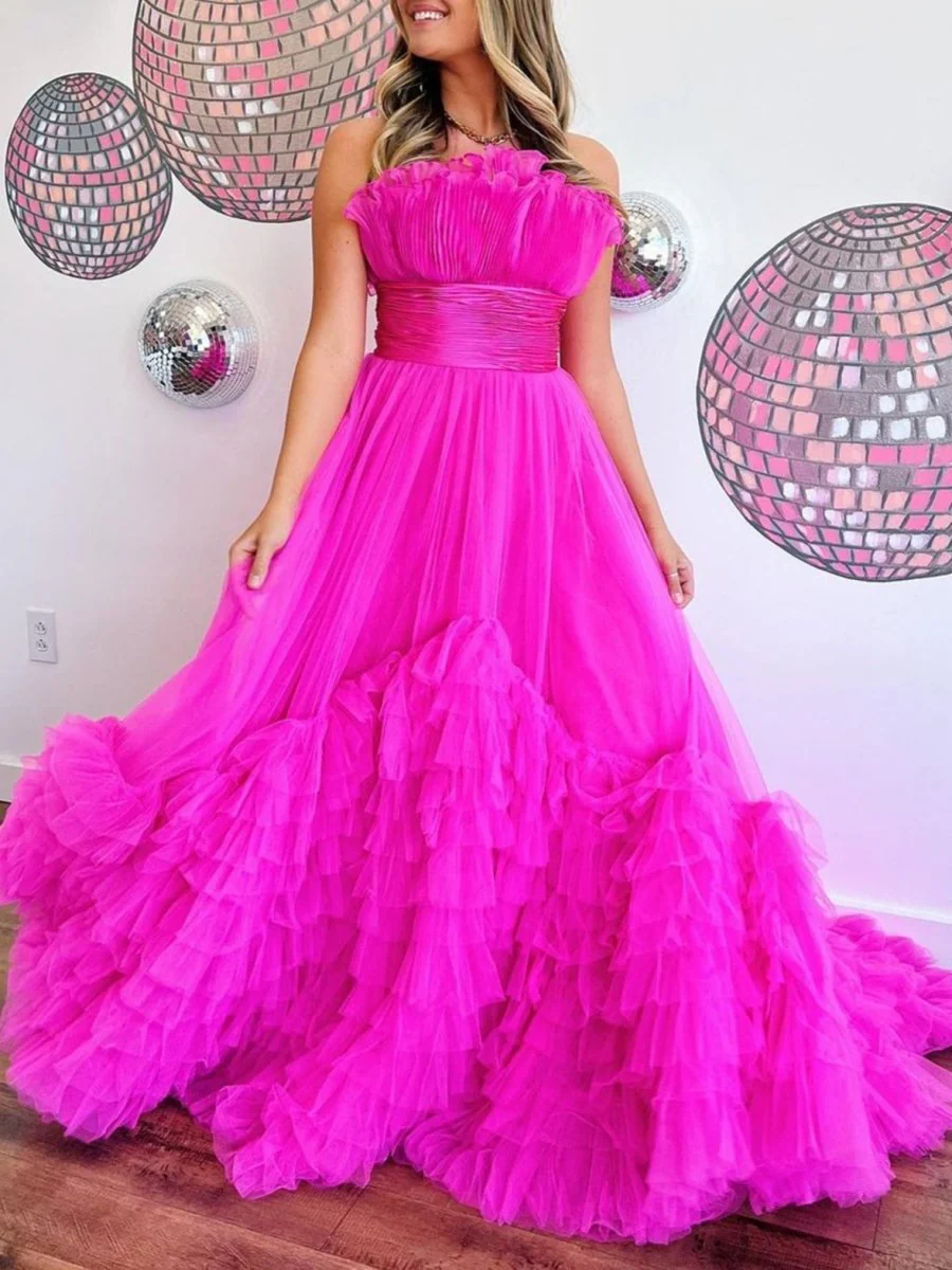 A-Line Strapless Pink Tiered Long Tulle Prom Dress