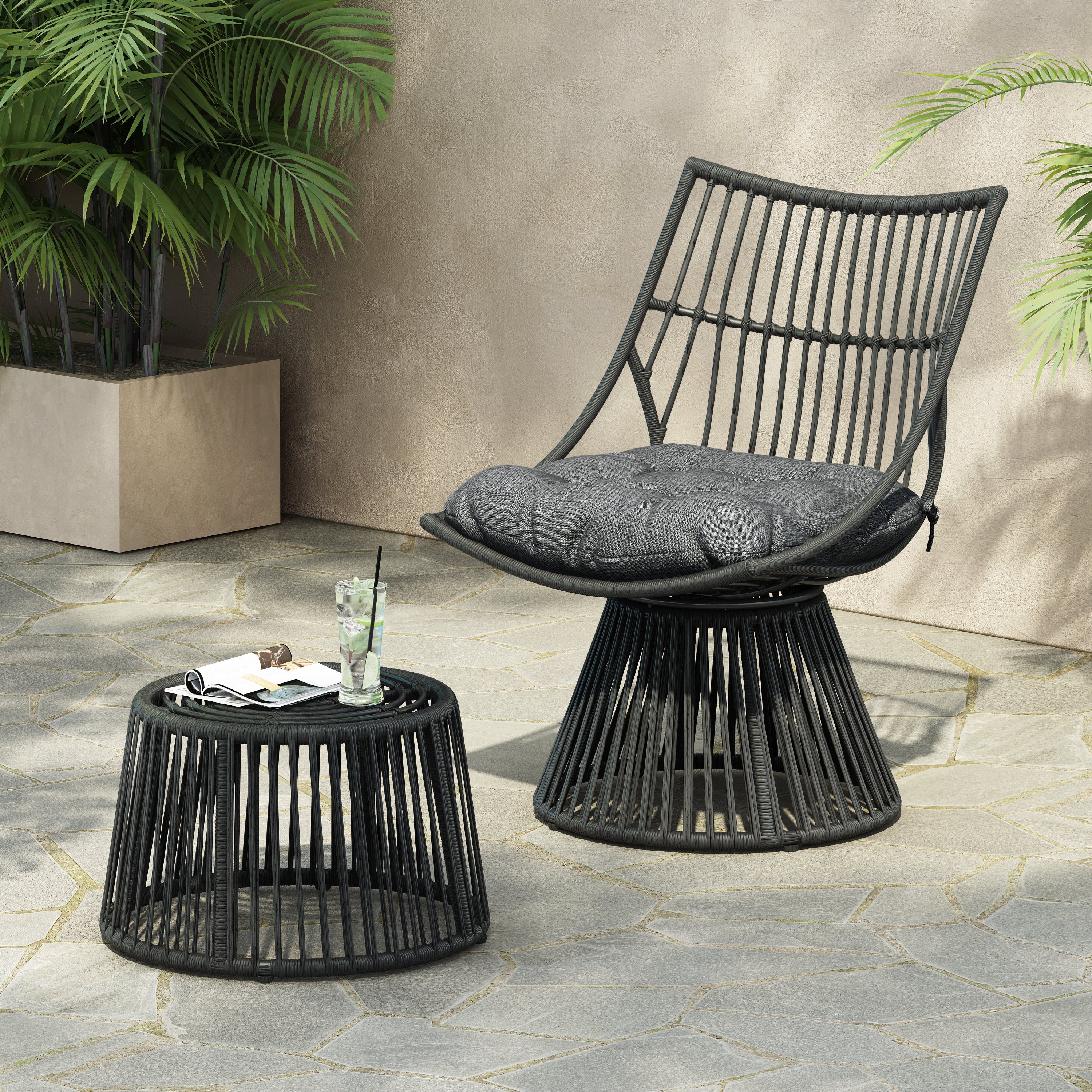 Modern Wicker High Back Chair & Side Table Set