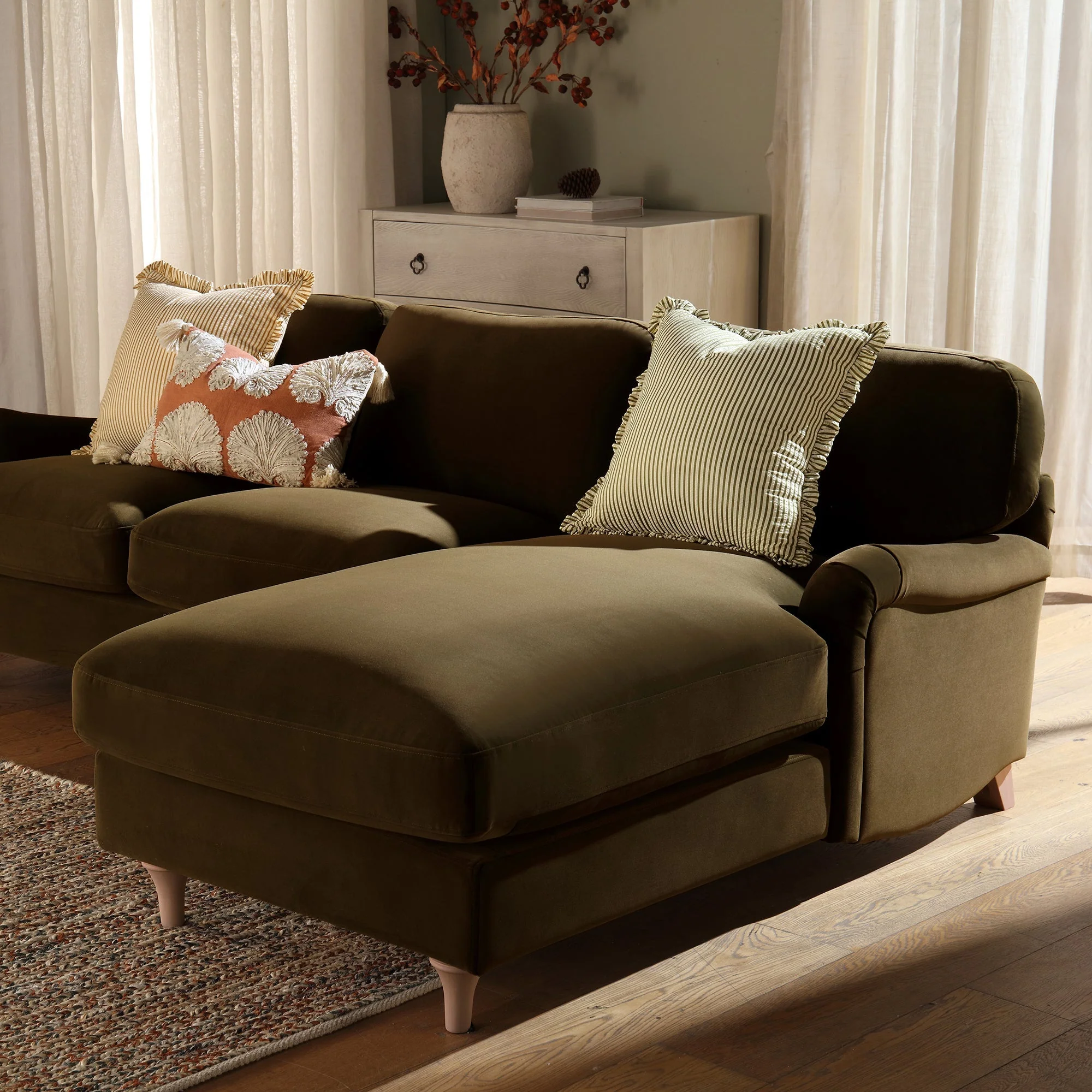 Seaweed Velvet Sofa, Grande Chaise Sofa Right Hand Facing