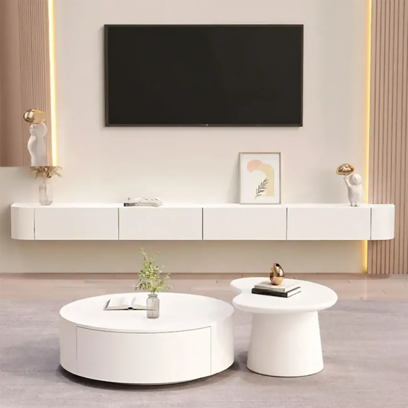 55 White Rubberwood Floating TV Stand with Cable Management