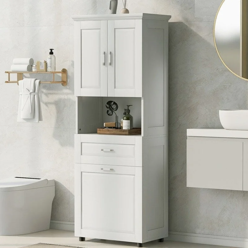 Tall Bathroom Cabinet with Tilt-Out Laundry Hamper and Storage Cabinet