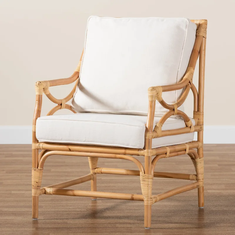 White and Natural Rattan Armchair with Cushion