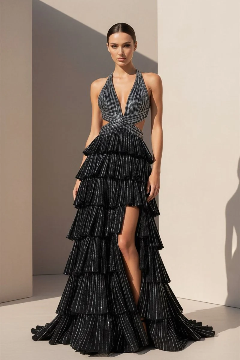 Black - A-Line V Neck Satin Beaded Long Prom Dresses With Ruffles