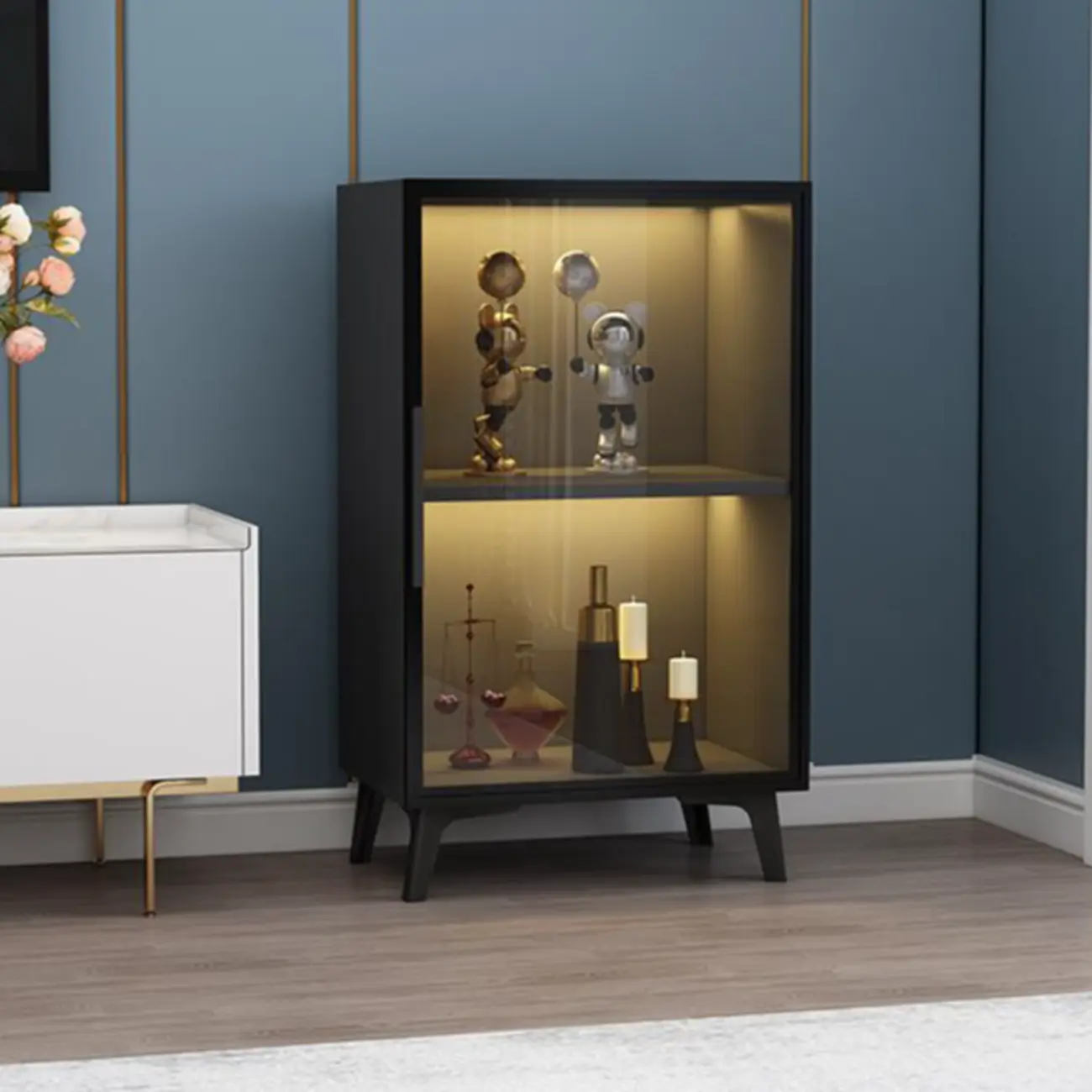 Floor Modern Metal Shelf Glass Doors Display Cabinet