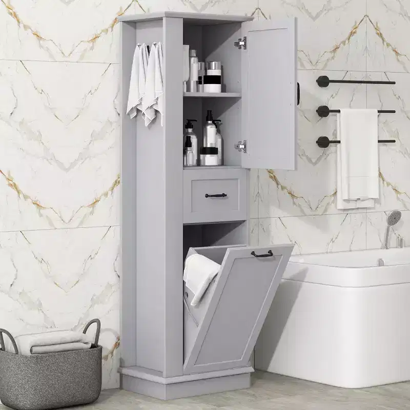 Modern Tall Storage Cabinet  Tilt-Out Compartment Adjustable Shelves 80LBS Capacity Soft-Close Hinges