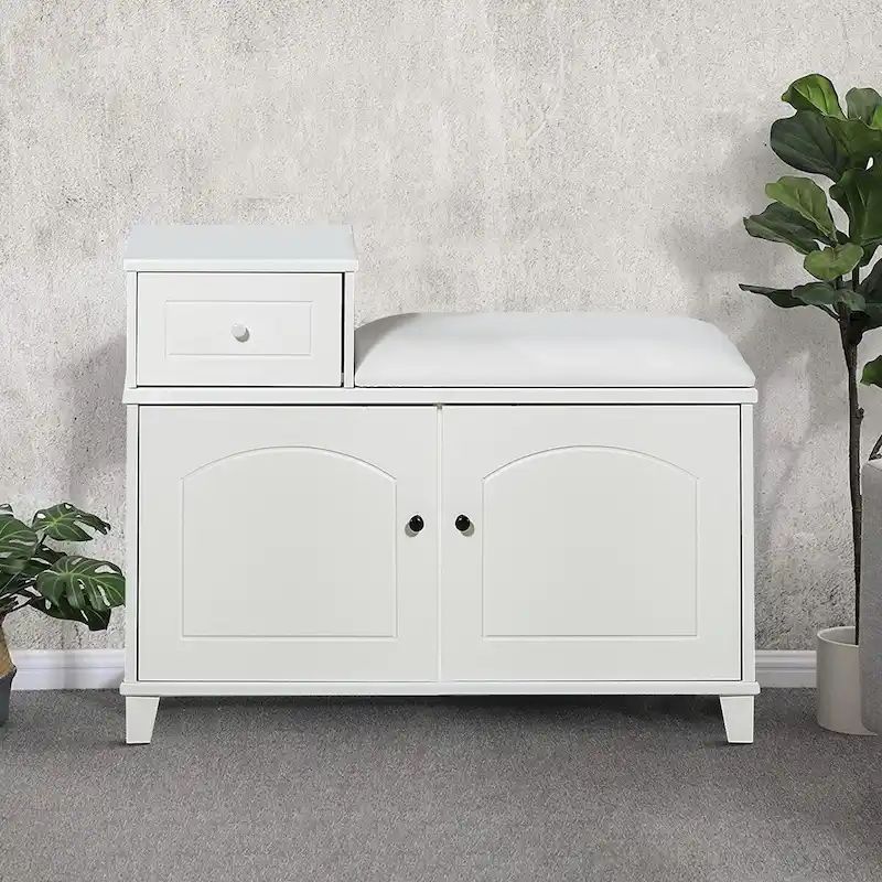 Modern Wooden Storage Bench with Fireproof Sponge-Filled PU Seat Cushion