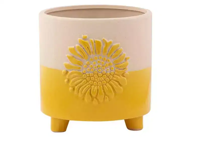 Napco Imports Decorative Home or Garden 5 x 5 Inch Indoor or Outdoor Flower Pot Planter Yellow and Beige Sunflower