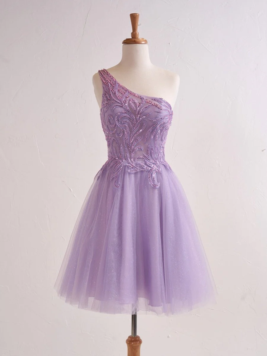 One Shoulder A-line Lilac Short Homecoming Dress with Appliques