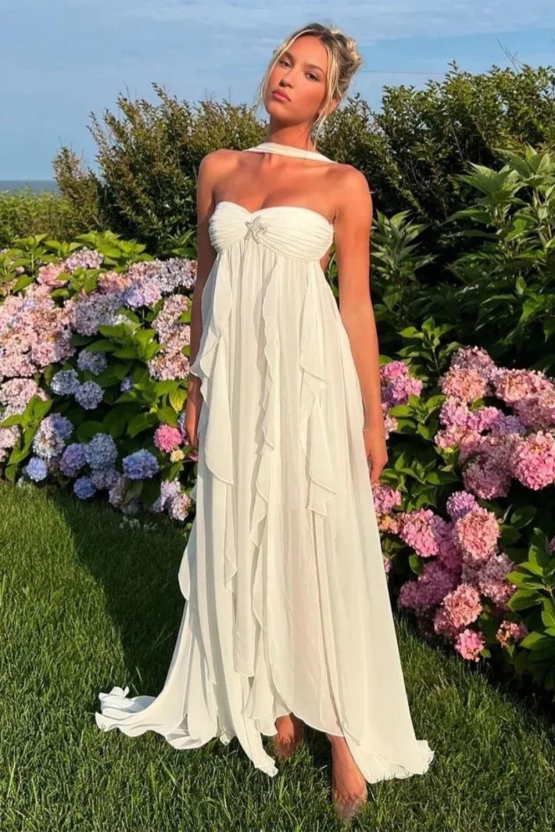 White Strapless A Line Chiffon Pleated Long Prom Dresses With Ruffles